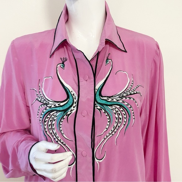 Bob Mackie Wearable Art Pink Button Down Silk Shirt with Peacock Design - Picture 2 of 6